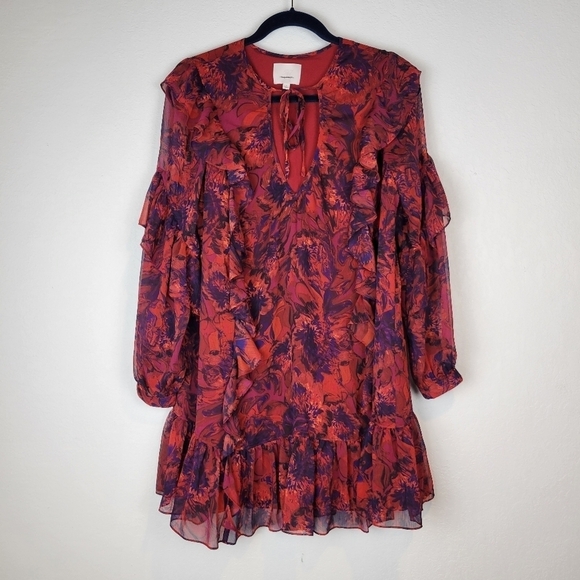 NEW Cinq a Sept Livie Floral Tiered Ruffle Chiffon Dress Dark Red Size 4 - Picture 3 of 13